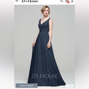 A-Line V-Neck Floor Length Chiffon Bridesmaids Dress Dark Navy